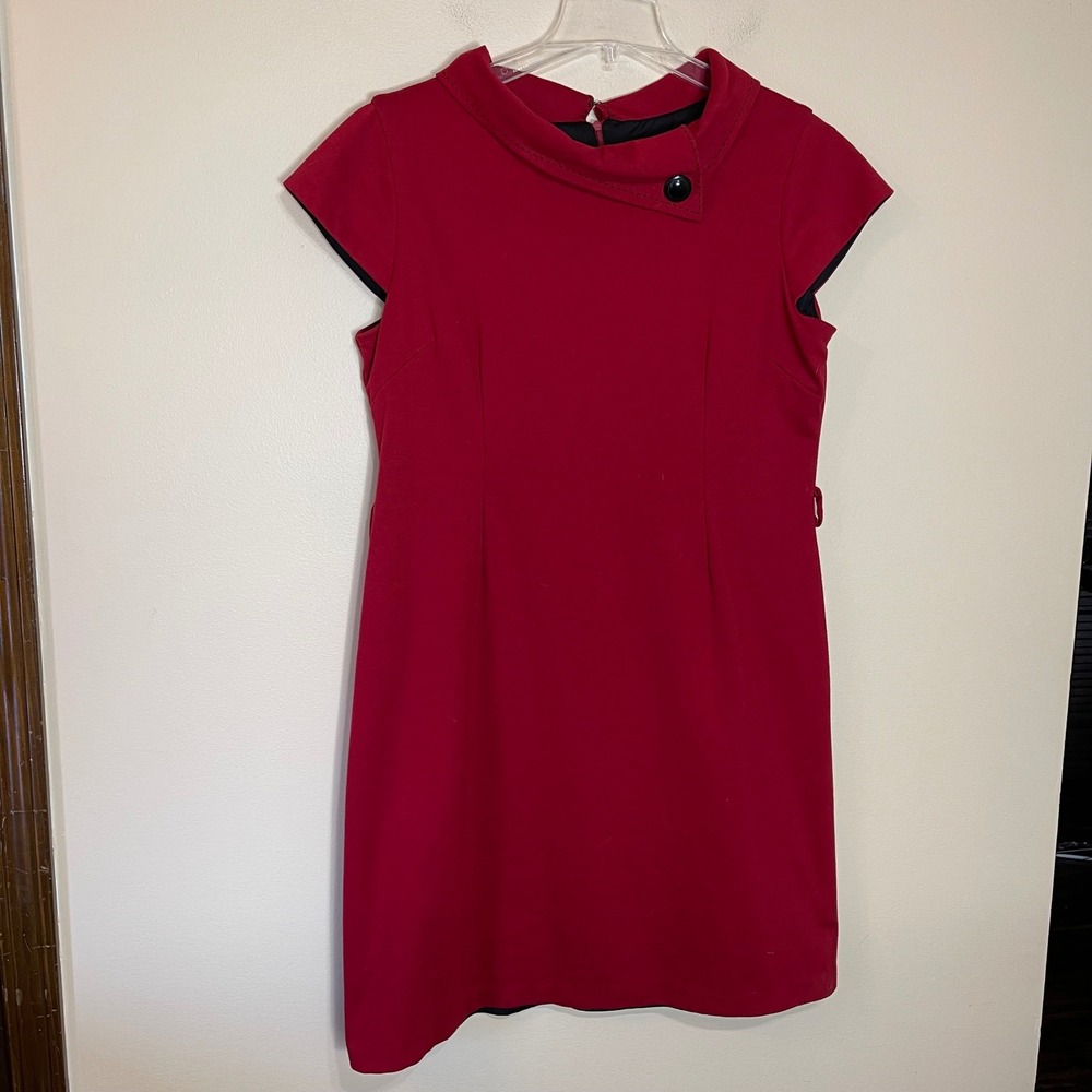 Madison Leigh Red Sheath Dress Asymmetrical Portrait Collar Cap Sleeve Size 18